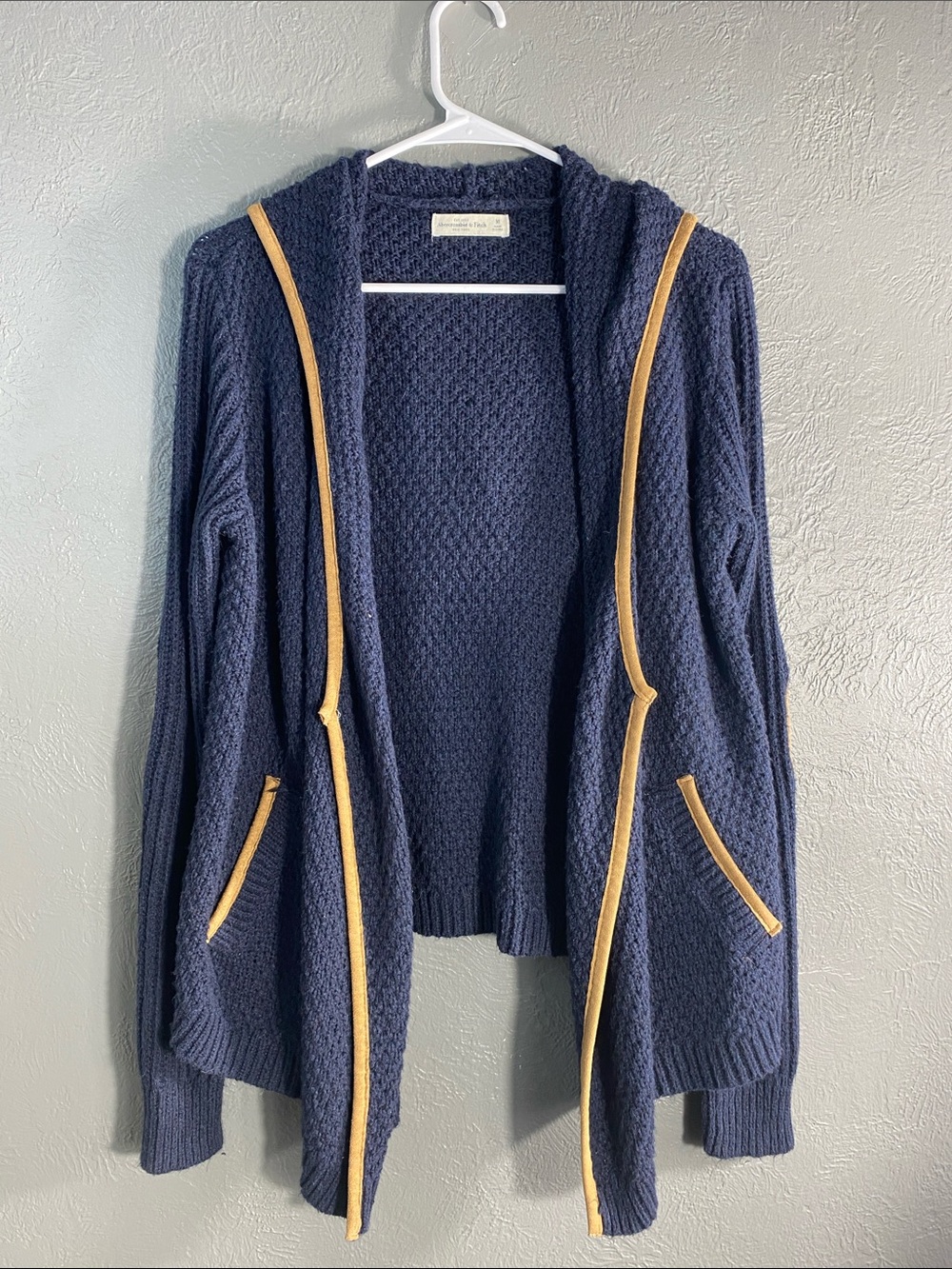 Abercrombie Fitch Cardigan Womens M Blue Hooded Faux Suede Trim Elbow Patch